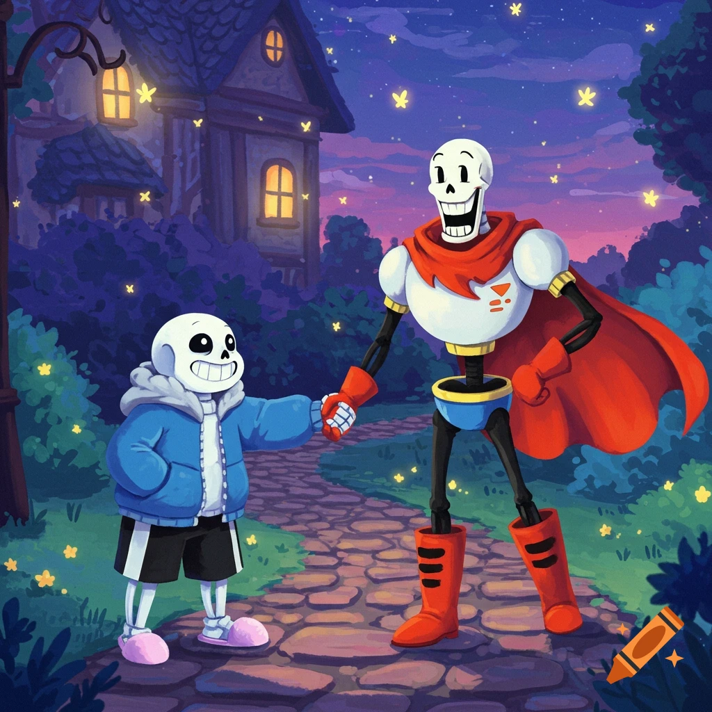 Cartoon skeletons Sans and Papyrus from Undertale holding hands on a path at night, with a house and glowing fireflies in the background.