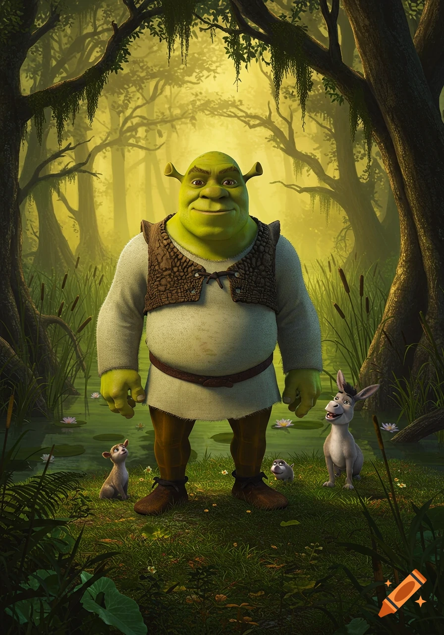 Shrek smiles in a lush green swamp with Donkey and two small creatures.