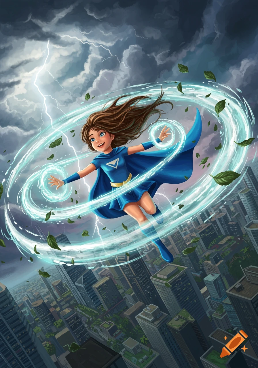 A cartoon girl superhero in a blue suit flies above a city, summoning wind with leaves and lightning in a stormy sky.