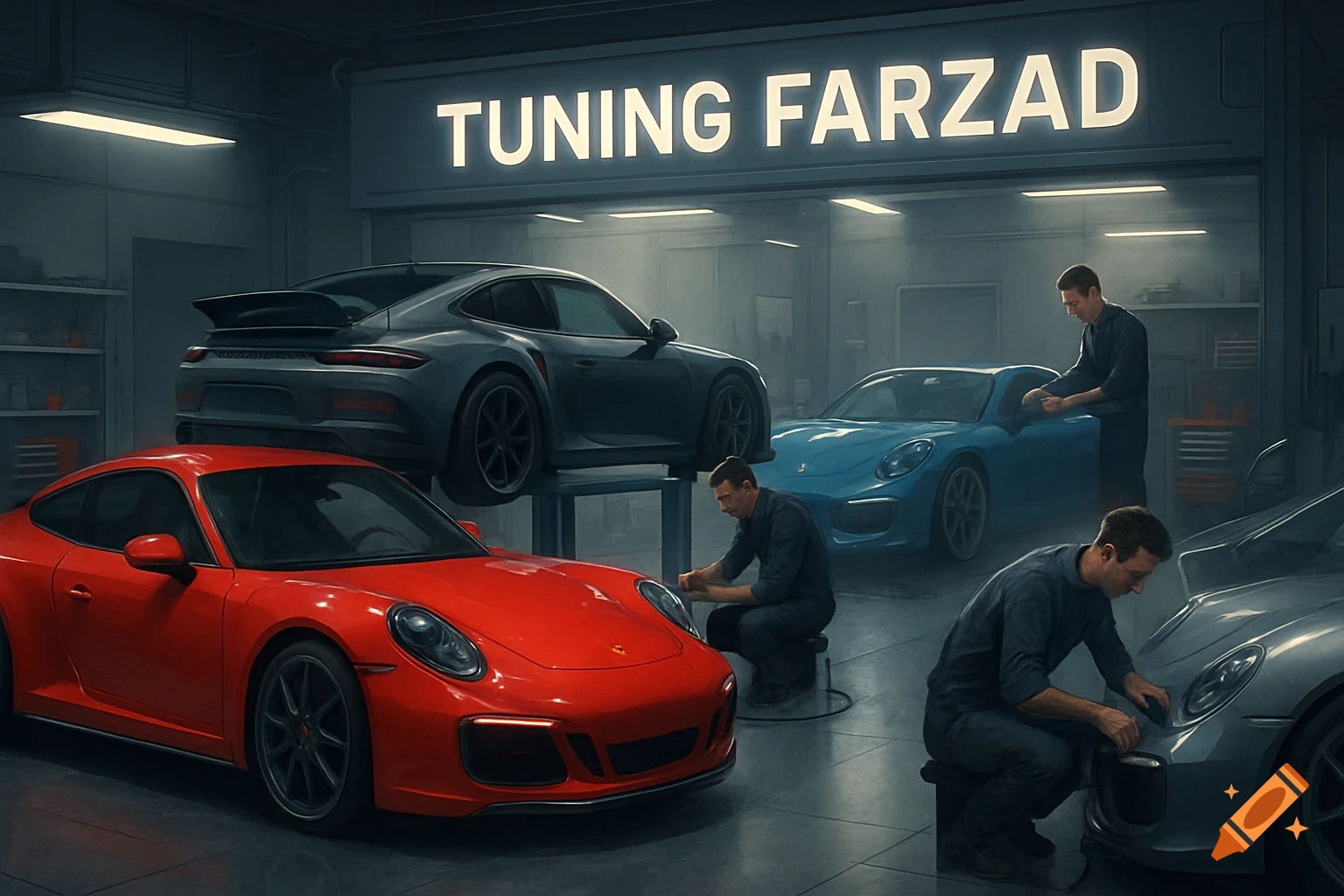 A modern car tuning workshop with multiple sports cars and mechanics working on them. A sign above reads 'Tuning Farzad'.