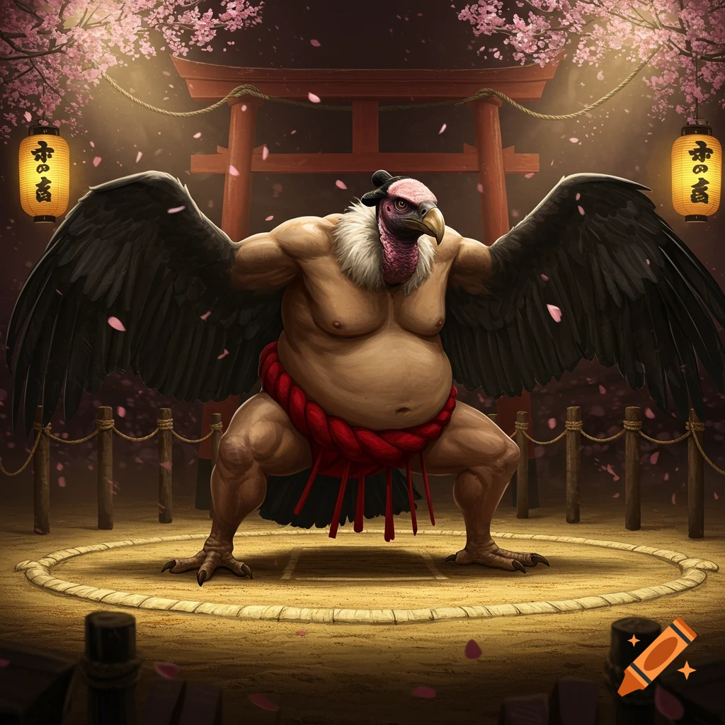 A muscular vulture-headed sumo wrestler in a red mawashi stands in a sumo ring under cherry blossoms with lanterns and a torii gate.
