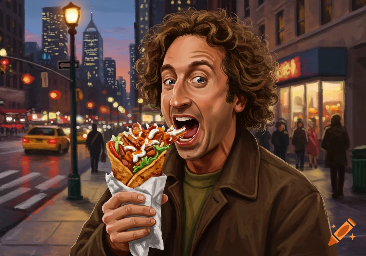 A man with curly hair enthusiastically eats a large döner kebab on a busy city street at dusk, in a stylized painting.
