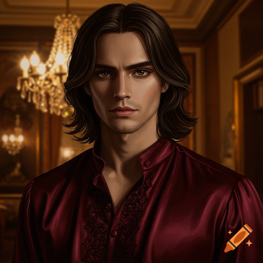Digital portrait of a handsome man with dark, shoulder-length hair and a serious expression, wearing a dark red Victorian blouse with black lace.