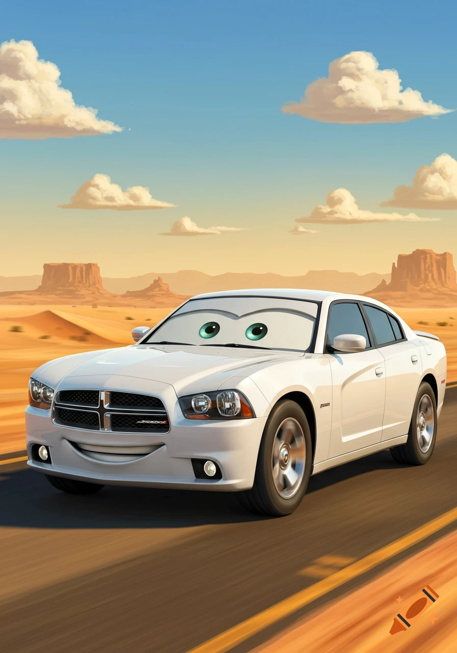 A white Dodge Charger with cartoon eyes and a smile drives on a desert road with mesas under a blue sky, in Pixar's Cars style.