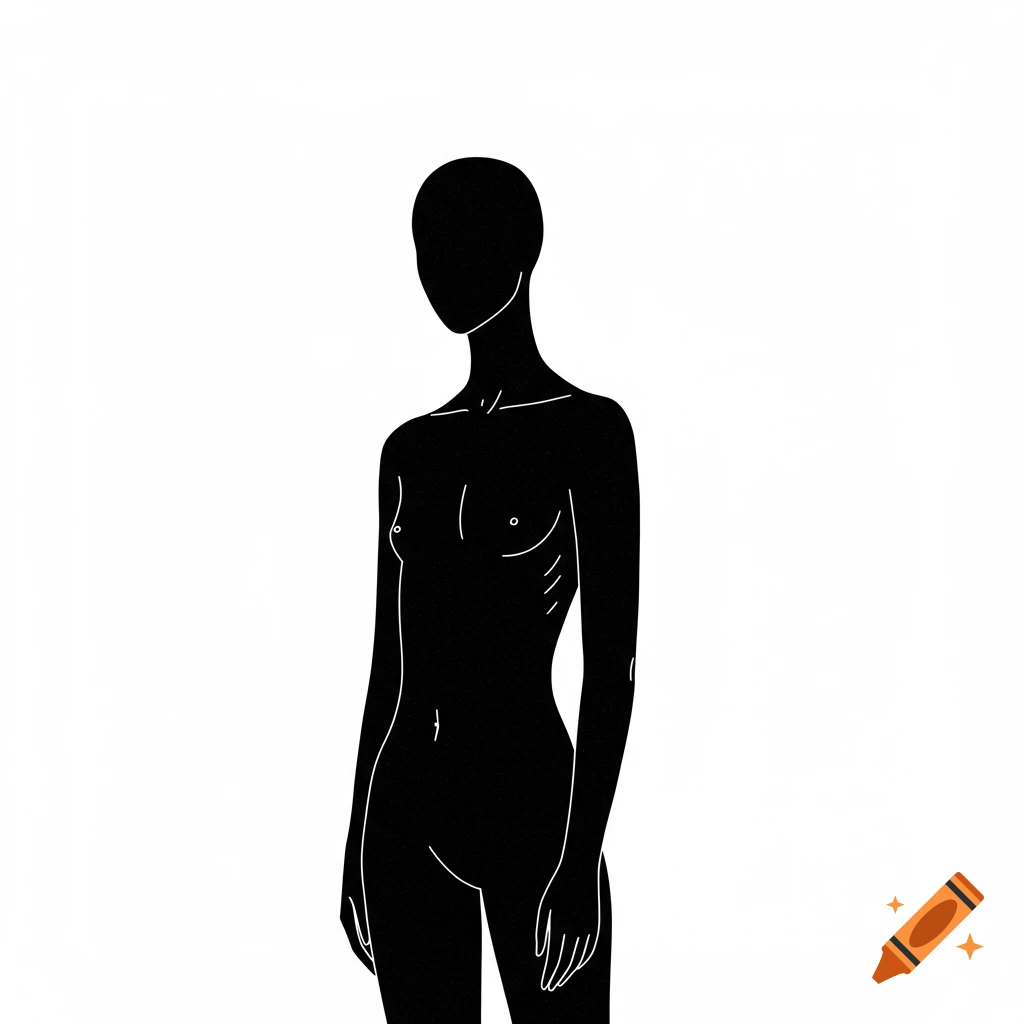 A minimalist, black and white illustration of a nude female figure with no face, outlined with thin white lines against a black silhouette.
