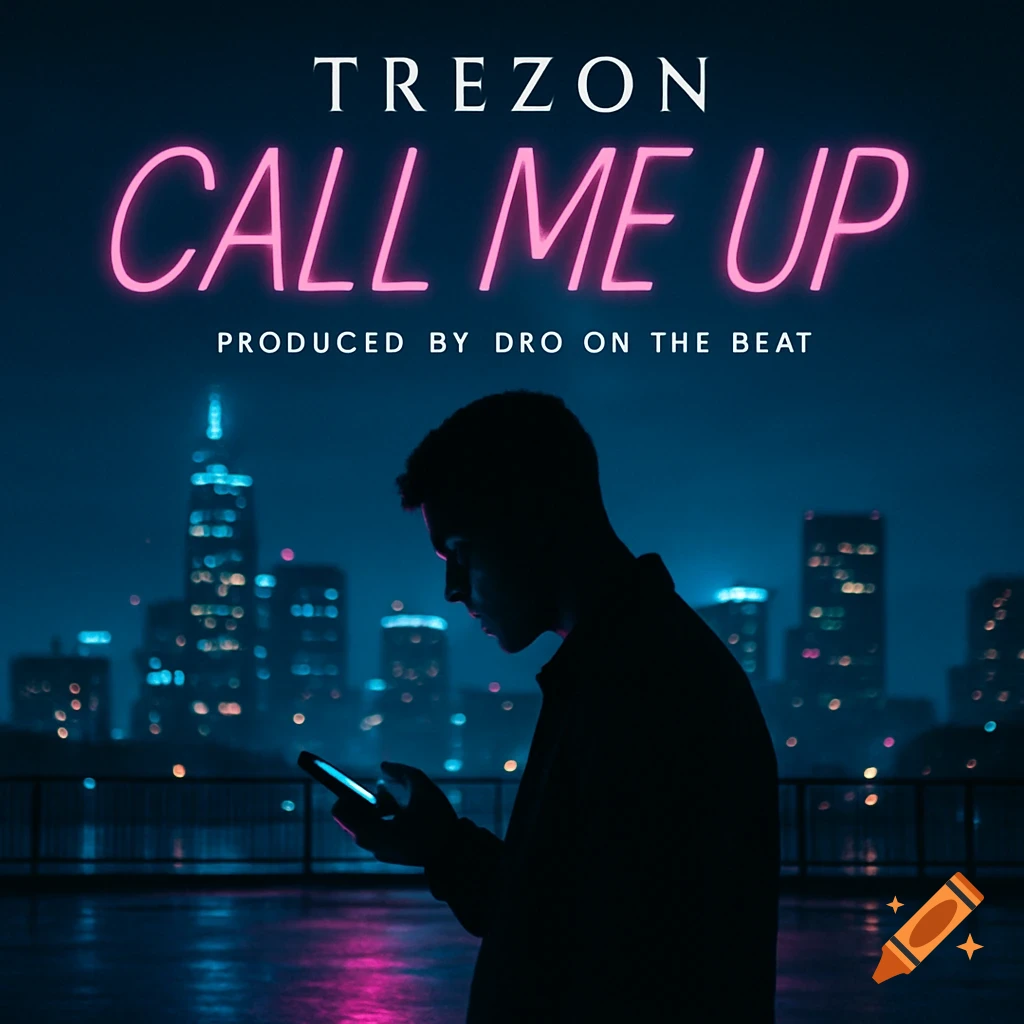 Album art with a man's silhouette looking at a phone on a city rooftop at night, featuring neon text 'TREZON CALL ME UP'.