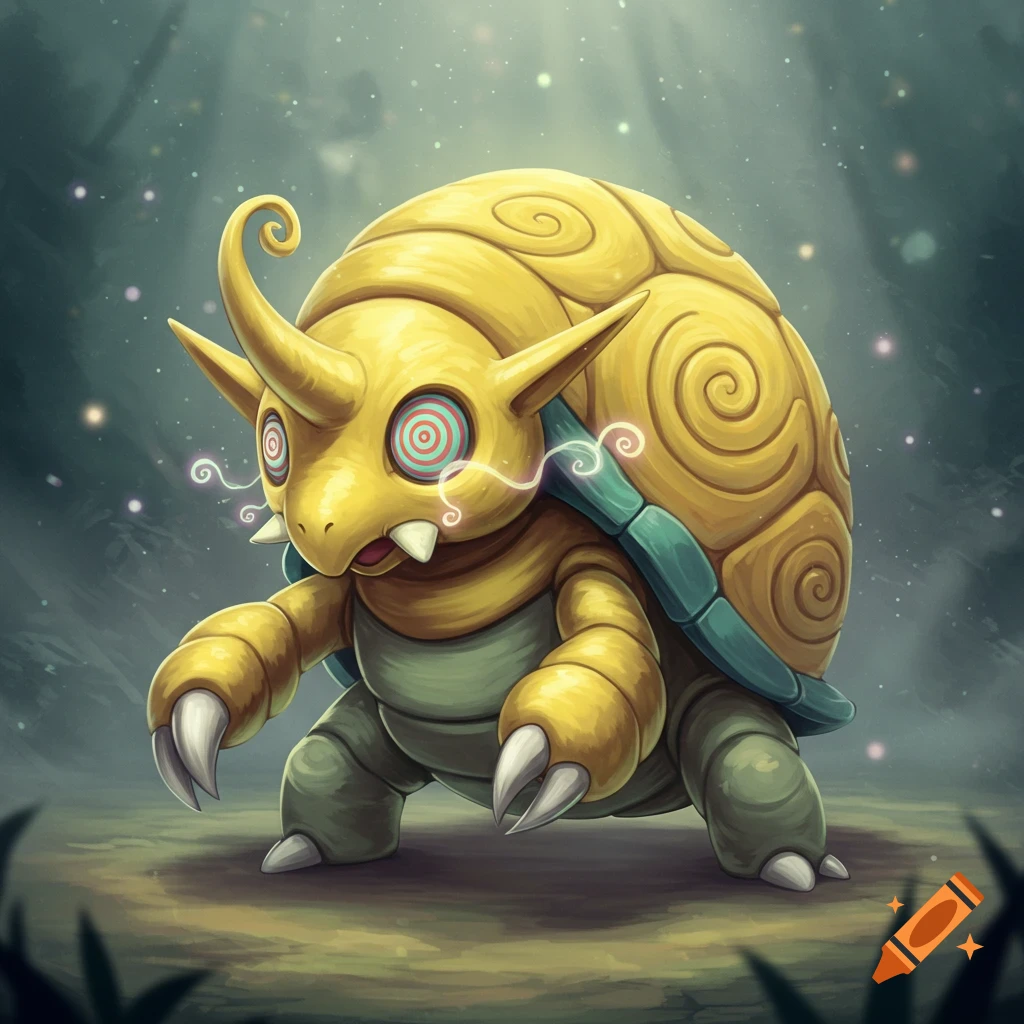 An illustrated yellow tortoise-like fantasy creature with glowing hypnotic eyes and a spiral horn stands in a dark forest.