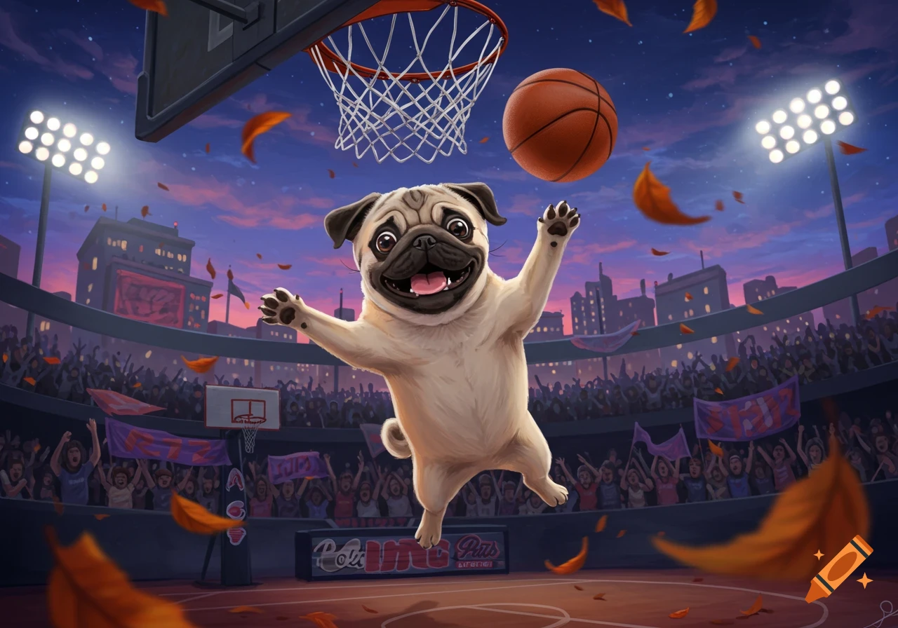 A happy pug dog leaps in a basketball stadium under a sunset sky with a basketball and autumn leaves, in an illustration style.