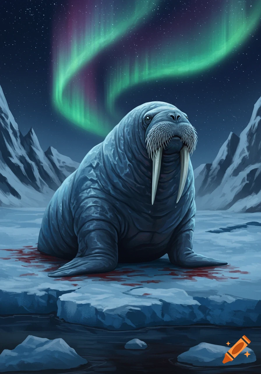 A stylized walrus with tusks on bloody ice under the aurora borealis and mountains.