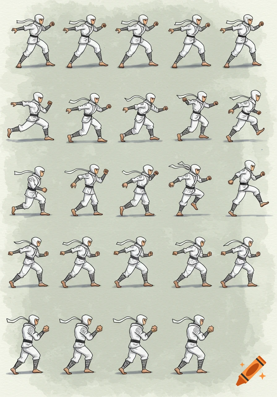 A white ninja sprite sheet displaying various walking animation frames on a textured green background.