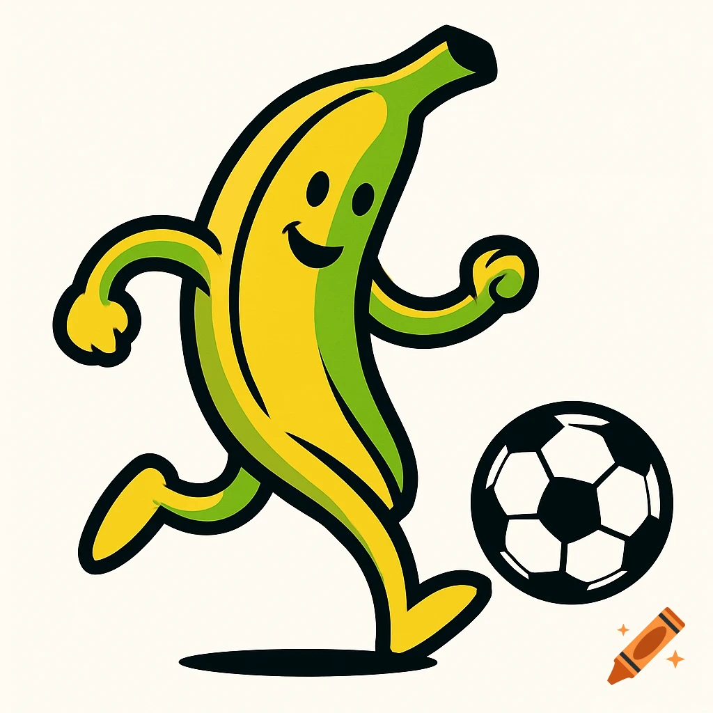 Cartoon banana character dribbling a soccer ball on a white background, in green and yellow.