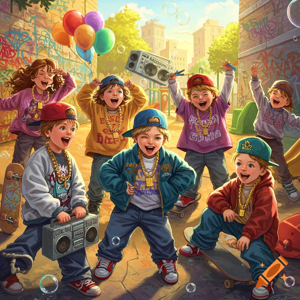 A lively group of diverse elementary-aged kids in hip-hop attire, gold chains, and backward caps, laughing in an urban playground with graffiti-covered walls, balloons, skateboards, and boomboxes.