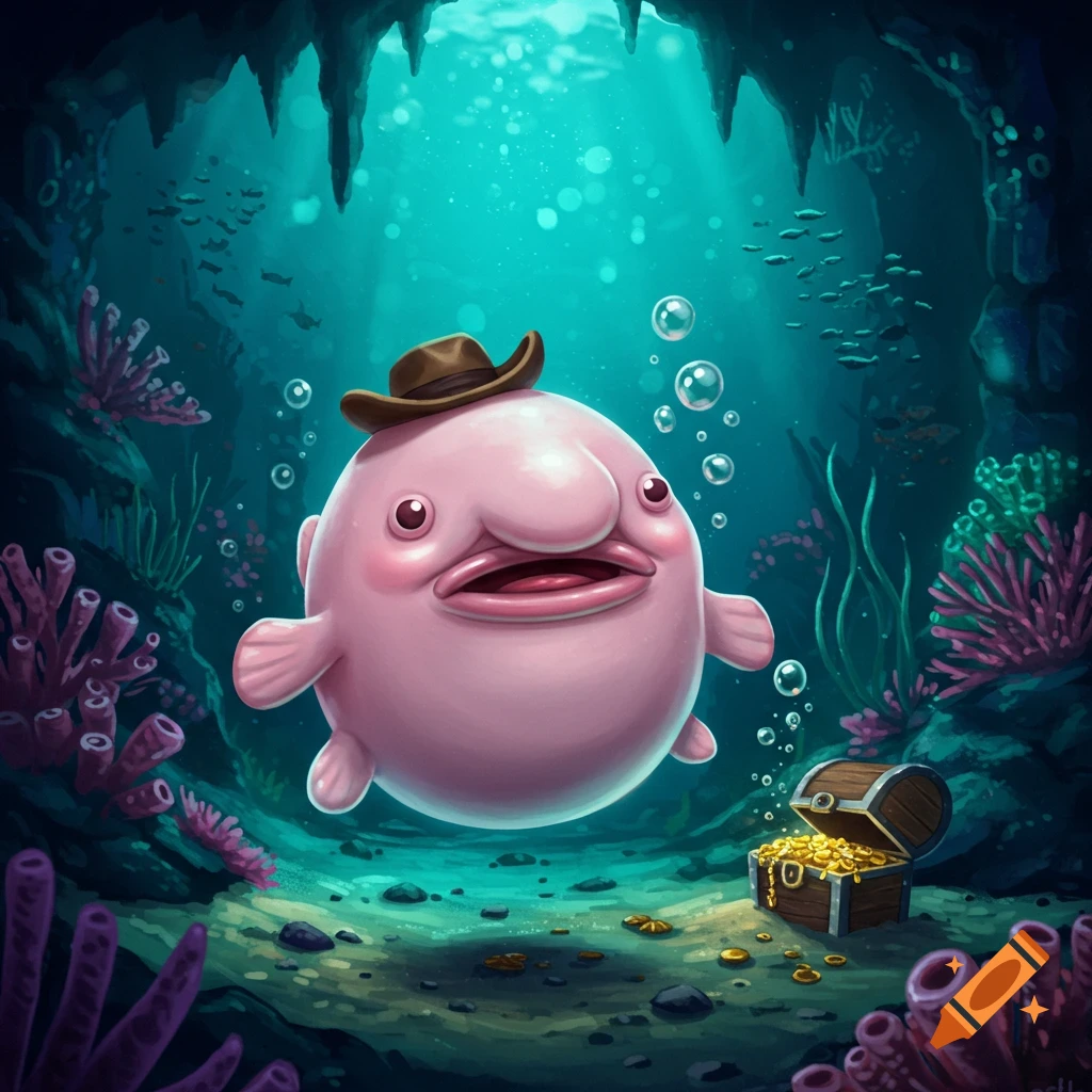 A cartoon blob fish with a brown cowboy hat floats in an underwater cave with an open treasure chest of gold.