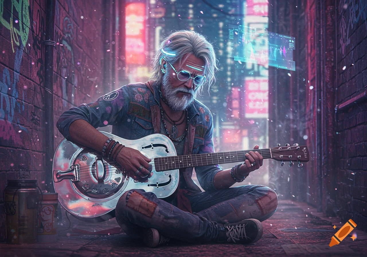 A grey-haired cyberpunk man with glowing glasses and implants plays a resonator guitar in a neon-lit, graffiti-covered alley.