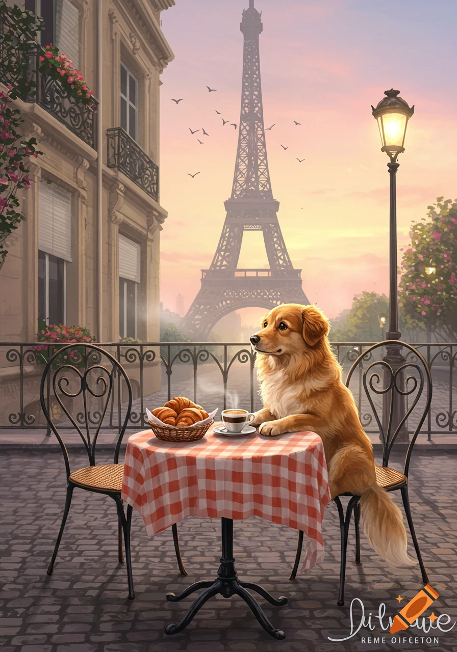 Illustrated golden dog at a cafe in Paris, with coffee, croissants, and the Eiffel Tower at sunrise.