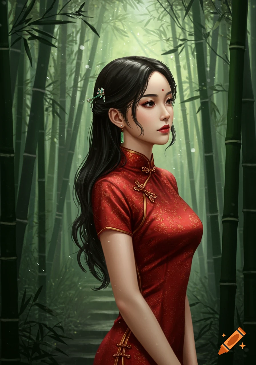 A beautiful woman with long black hair and a red traditional Chinese dress stands in a bamboo forest.