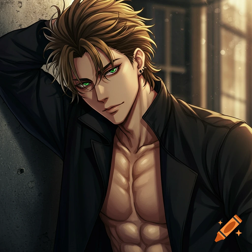 Anime-style portrait of a handsome man with green eyes and spiky dark blonde hair, wearing an open black jacket and showing his muscular abs.