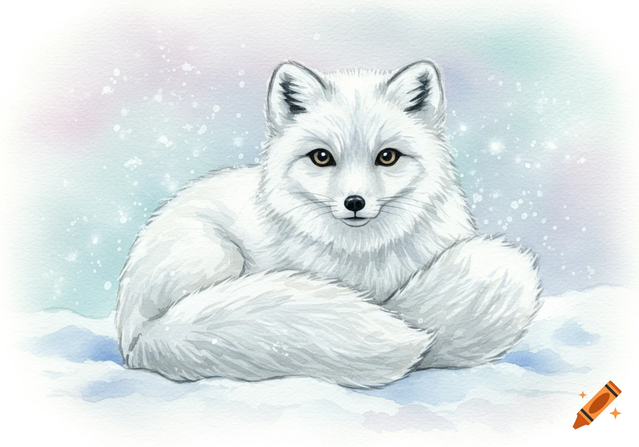 Watercolor painting of a white arctic fox curled up in snow with a soft, pastel background.