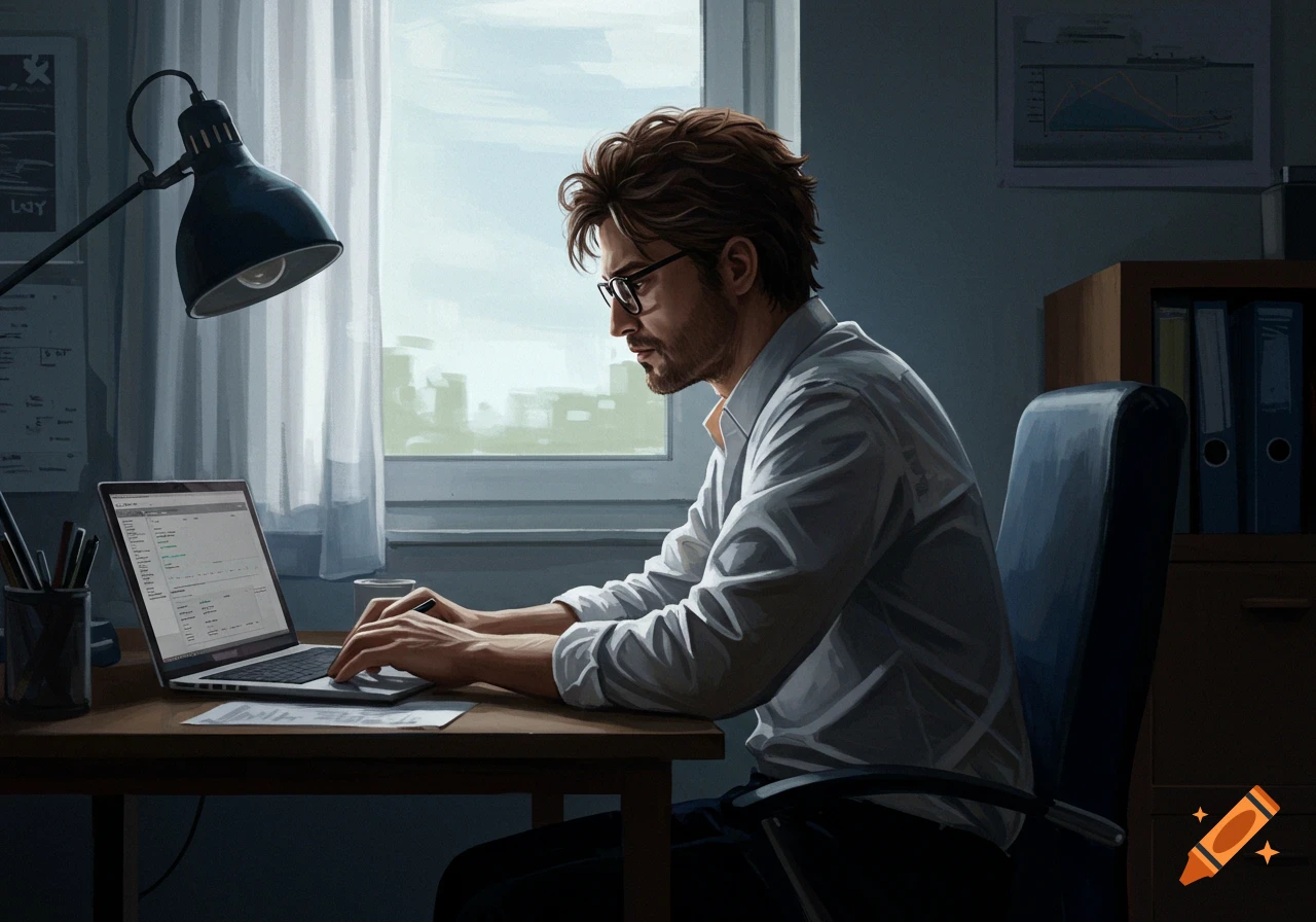 A man in a white shirt and glasses sits at a desk in a subtly lit room, working on a laptop. Curtains are on the left, a window behind him shows a city skyline, and files are on a shelf to the right.