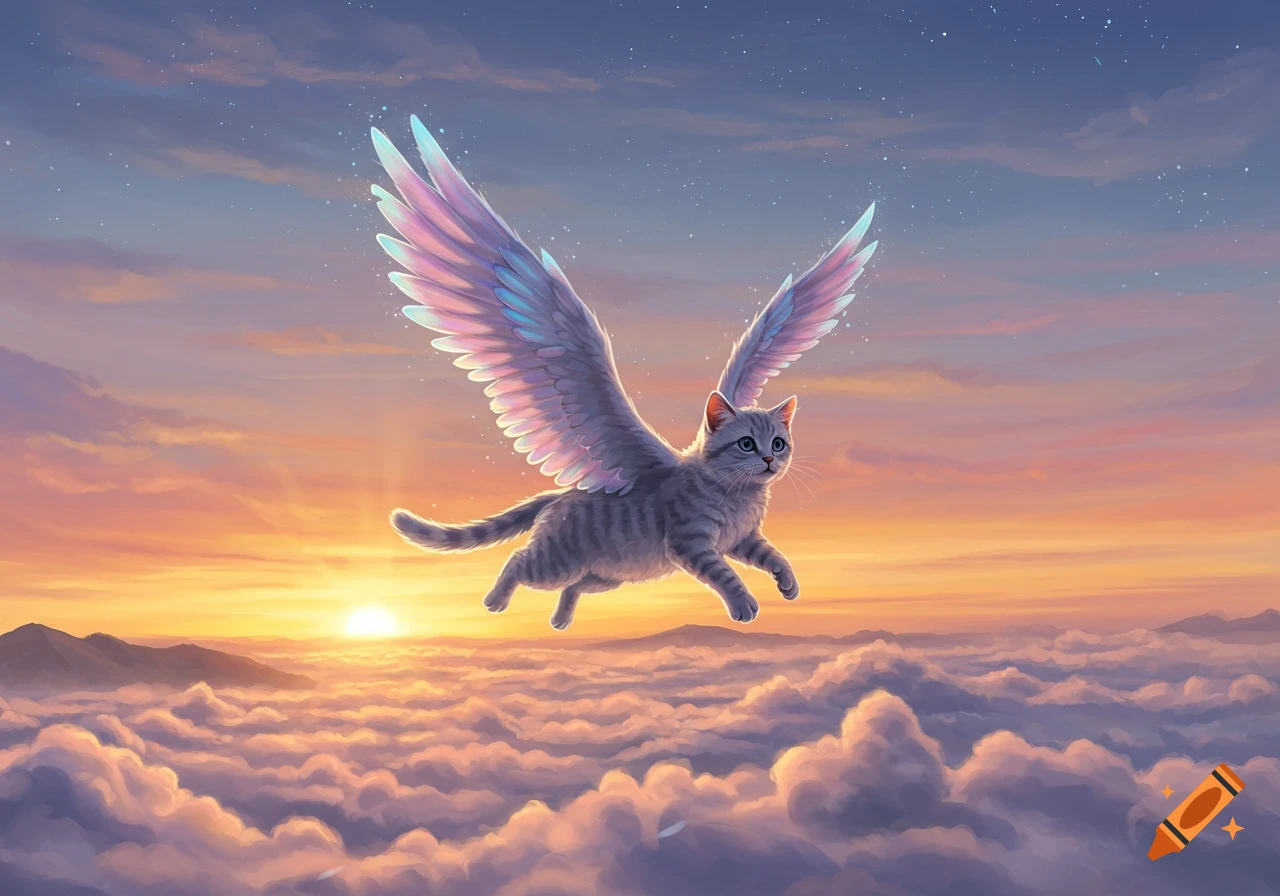 A stylized gray tabby cat with iridescent wings flies gracefully above fluffy clouds during a vibrant sunset.