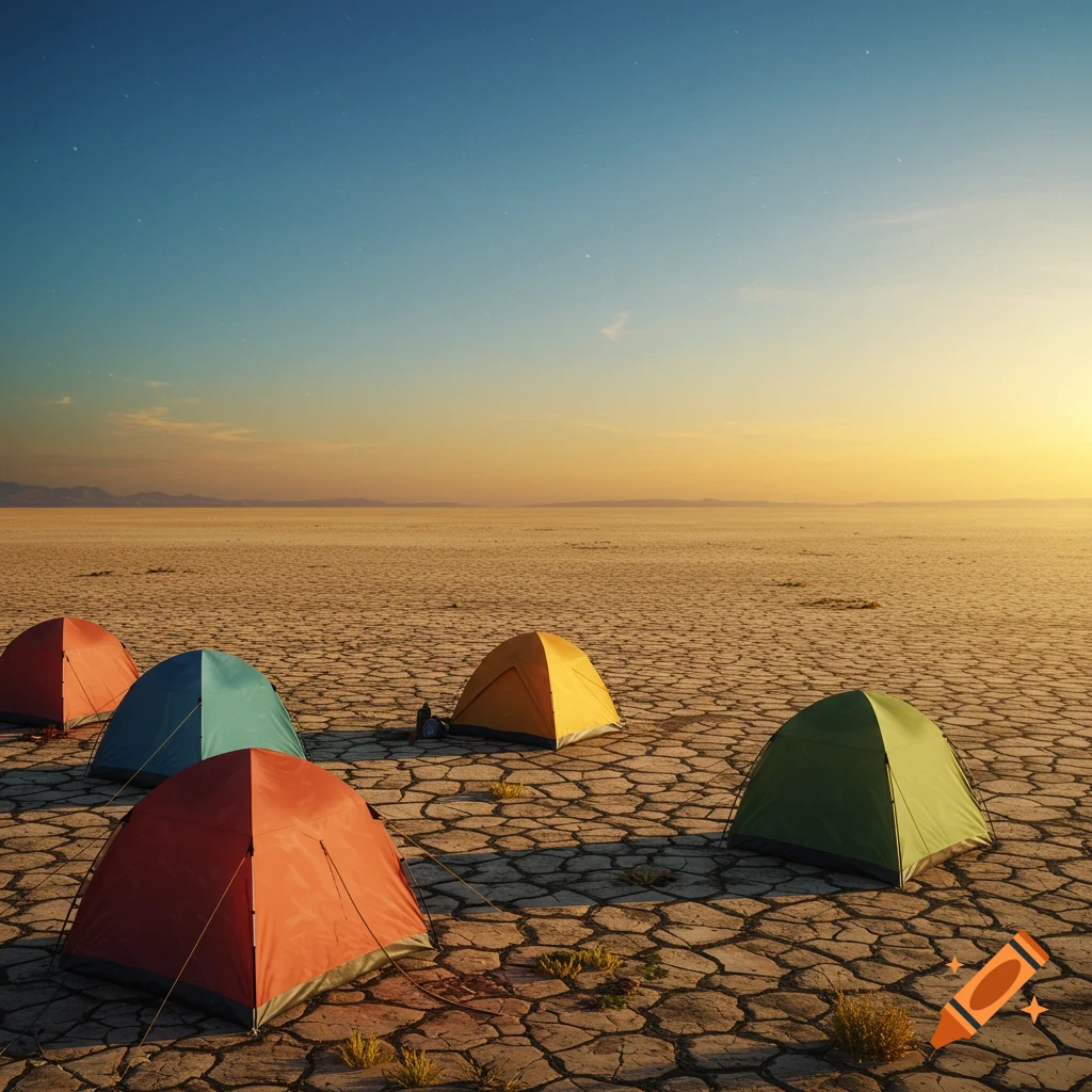 Colorful tents pitched on cracked dry earth under a vast sky at sunset.