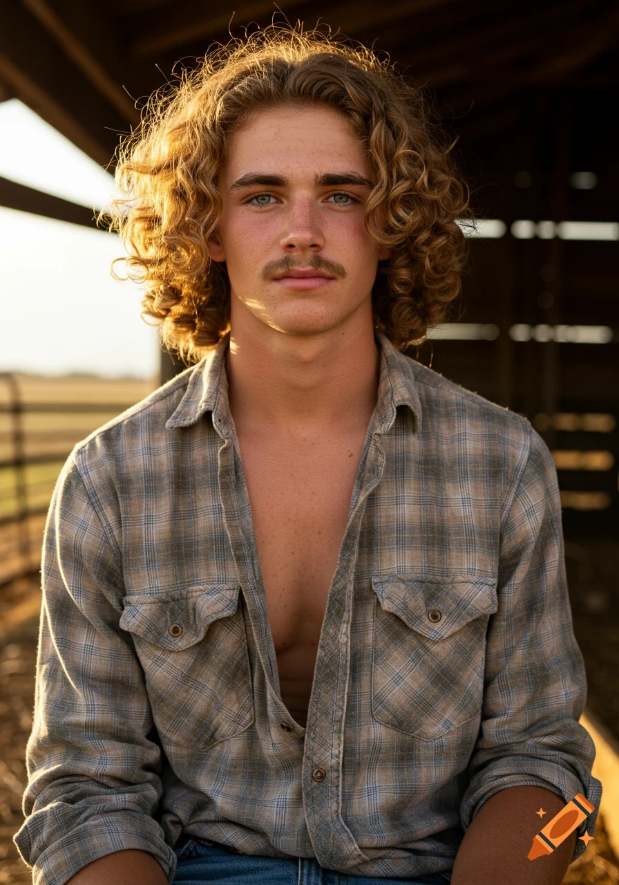 A photorealistic portrait of a young country boy with curly blonde hair and a mustache, wearing an unbuttoned plaid shirt in a rustic barn.
