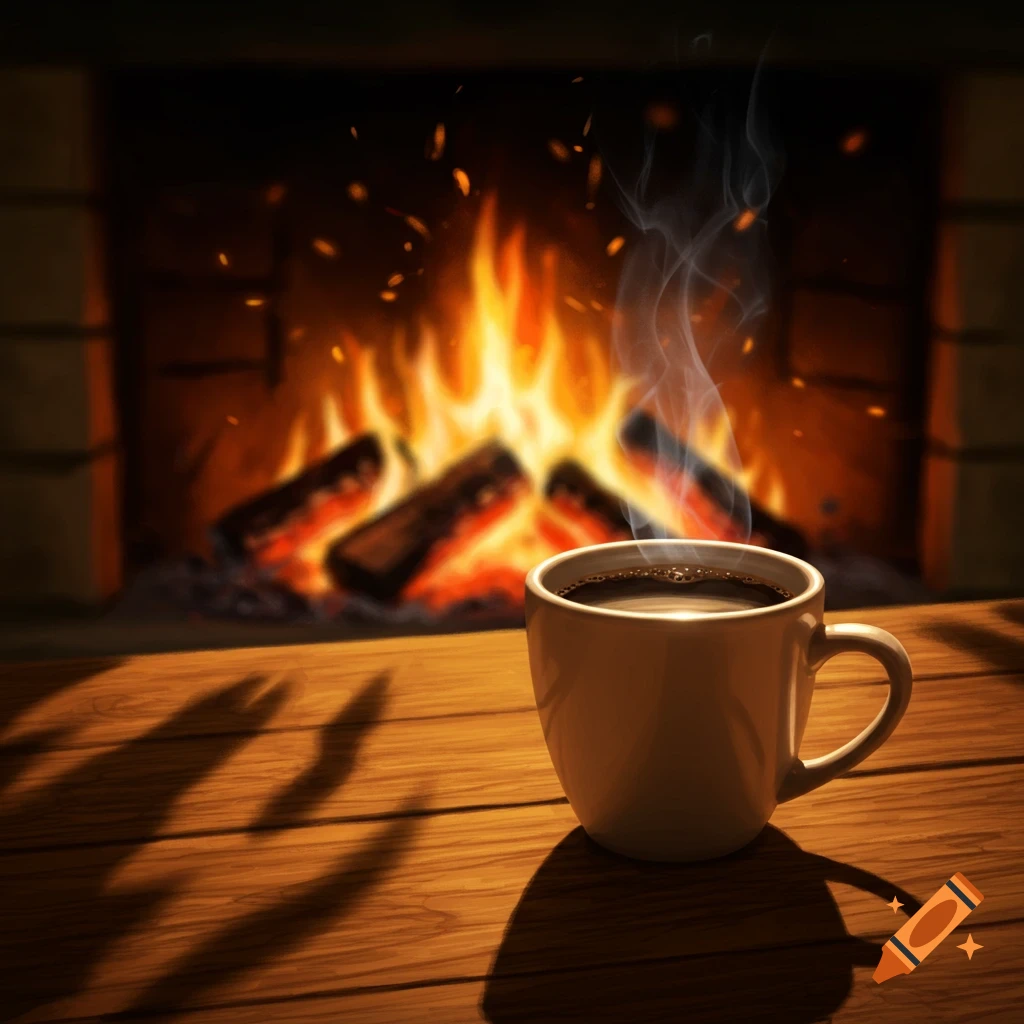 A steaming mug of coffee on a wooden table in front of a cozy roaring fireplace.