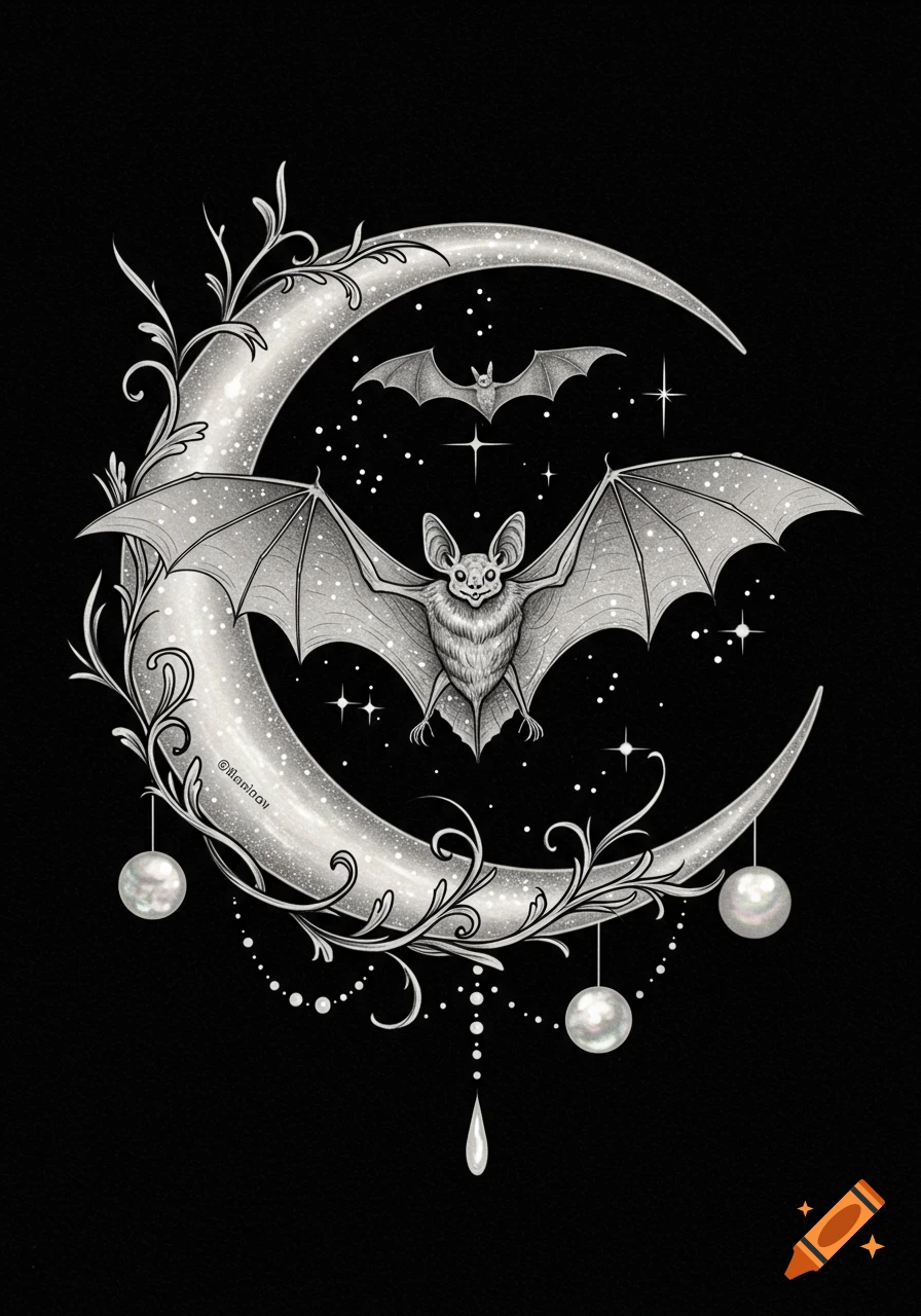 Whimsigoth illustration of a bat flying before a glittery crescent moon with vines and pearls, surrounded by stars on black.