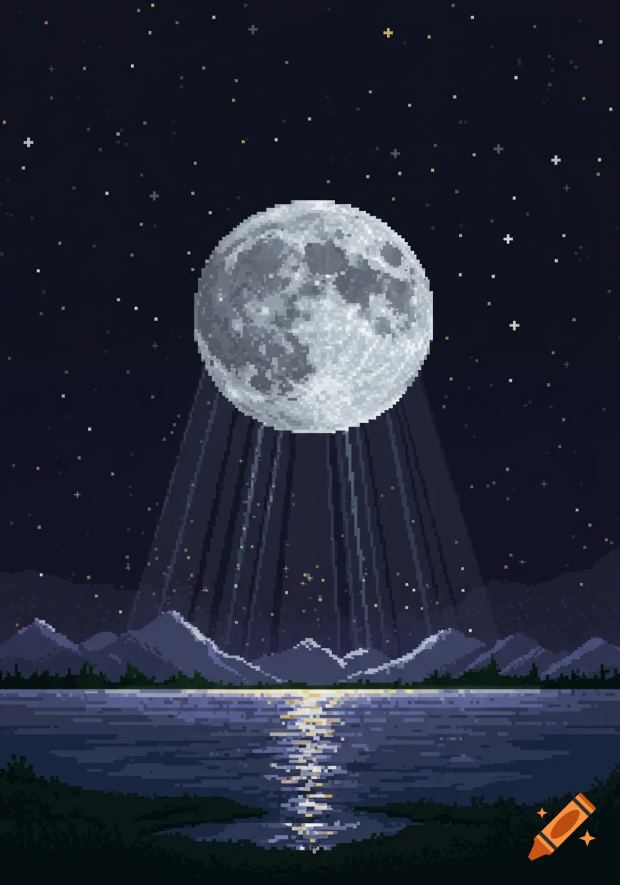 Pixel art of a full moon shining over a calm lake and mountains under a starry night sky.
