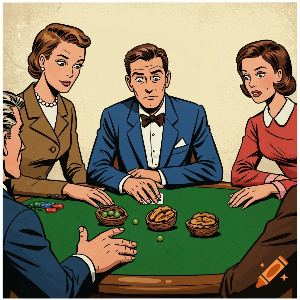 Four people in 1950s retro comic style, three of them looking surprised, gathered around a green felt table with playing cards and walnut shells, in a warm cream background.