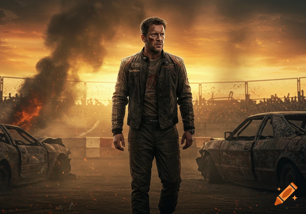 A lone, battered man in a racing suit stands on a dirt track amid burning, destroyed cars and smoke at sunset, photorealistic.