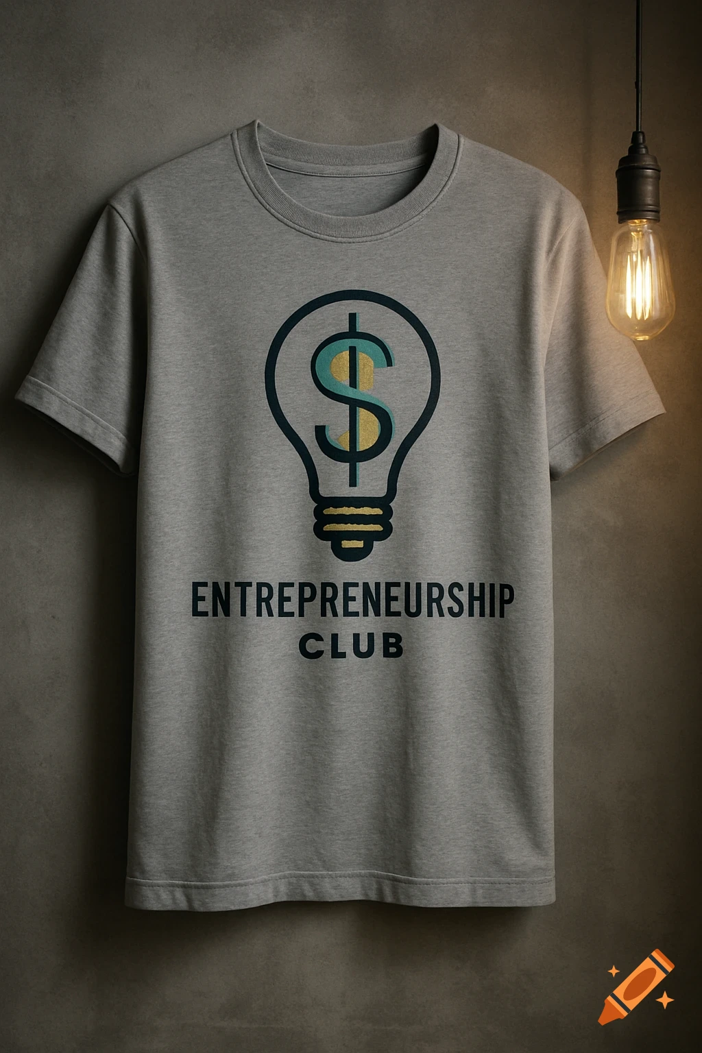 Grey t-shirt with a lightbulb-dollar sign logo and "ENTREPRENEURSHIP CLUB" text, hanging on a dark wall next to a glowing lightbulb.