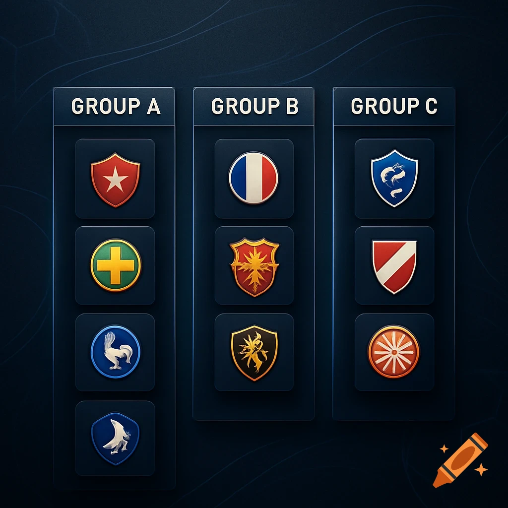 A stylized football group chart with three columns (A, B, C), each featuring four unique team emblems on dark square tiles.