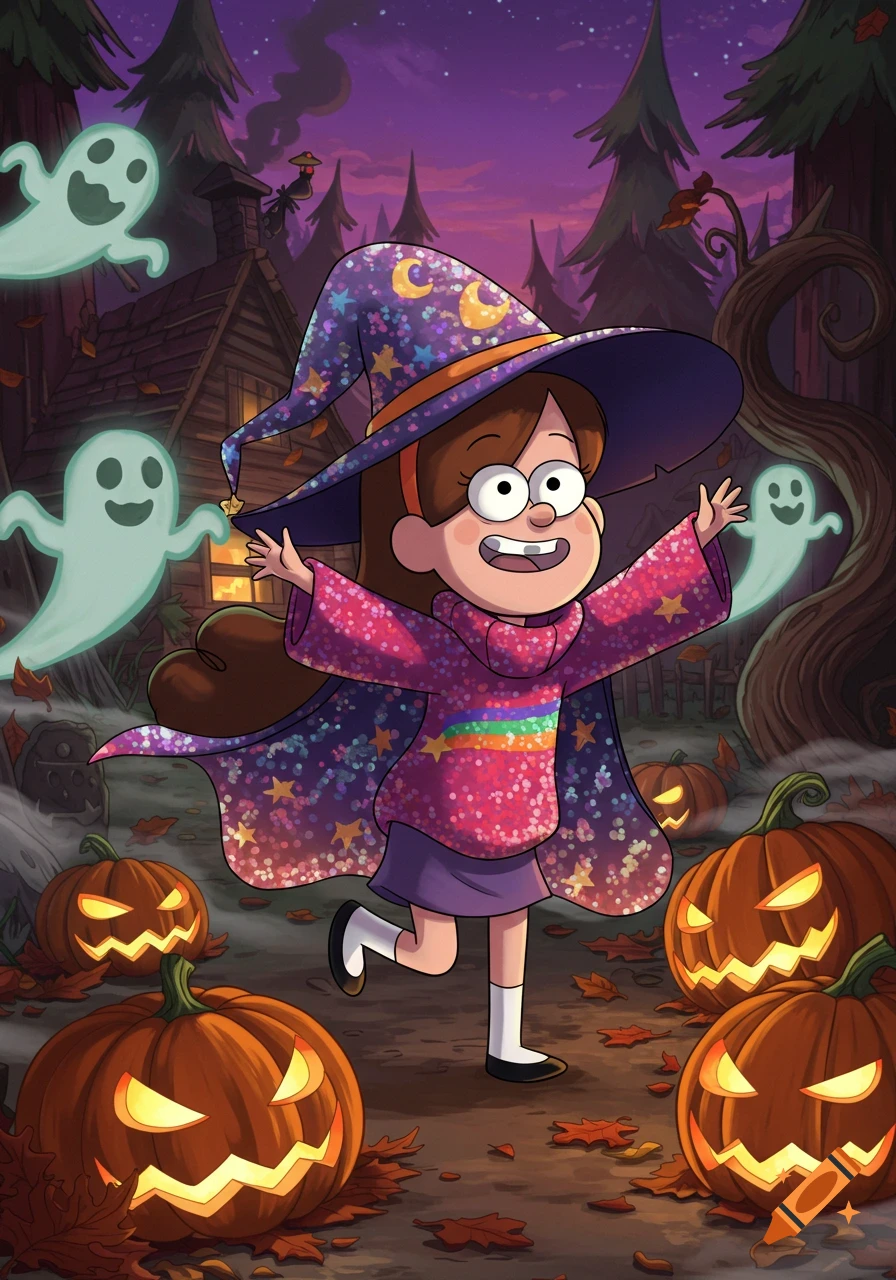 Cartoon of Mabel Pines in a witch costume with jack-o'-lanterns and ghosts in a spooky forest at night.