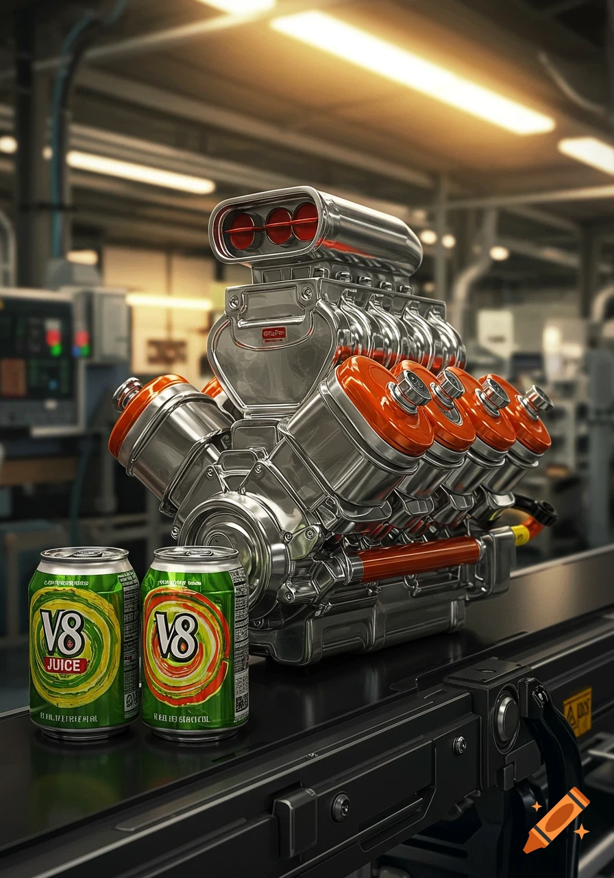 Two V8 juice cans sit in front of a shiny chrome and orange V8 engine block, all on a conveyor belt in a factory setting.