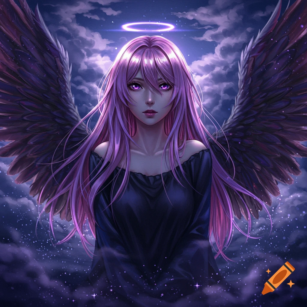 Anime-style dark angel with long purple hair, glowing purple eyes, black wings, and a halo against a starry night sky.