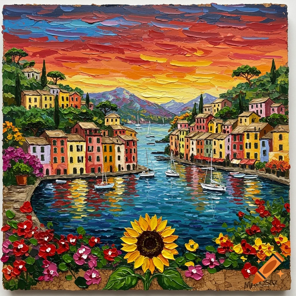 Vibrant impasto painting of Portofino harbor at sunset, with colorful houses, boats, a sunflower, and bright flowers.