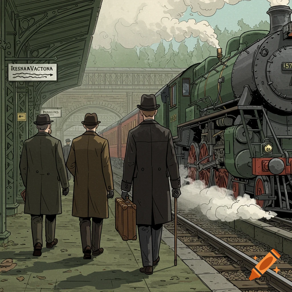Three men in vintage coats and hats walk along a train platform next to a steaming green locomotive in a comic style.