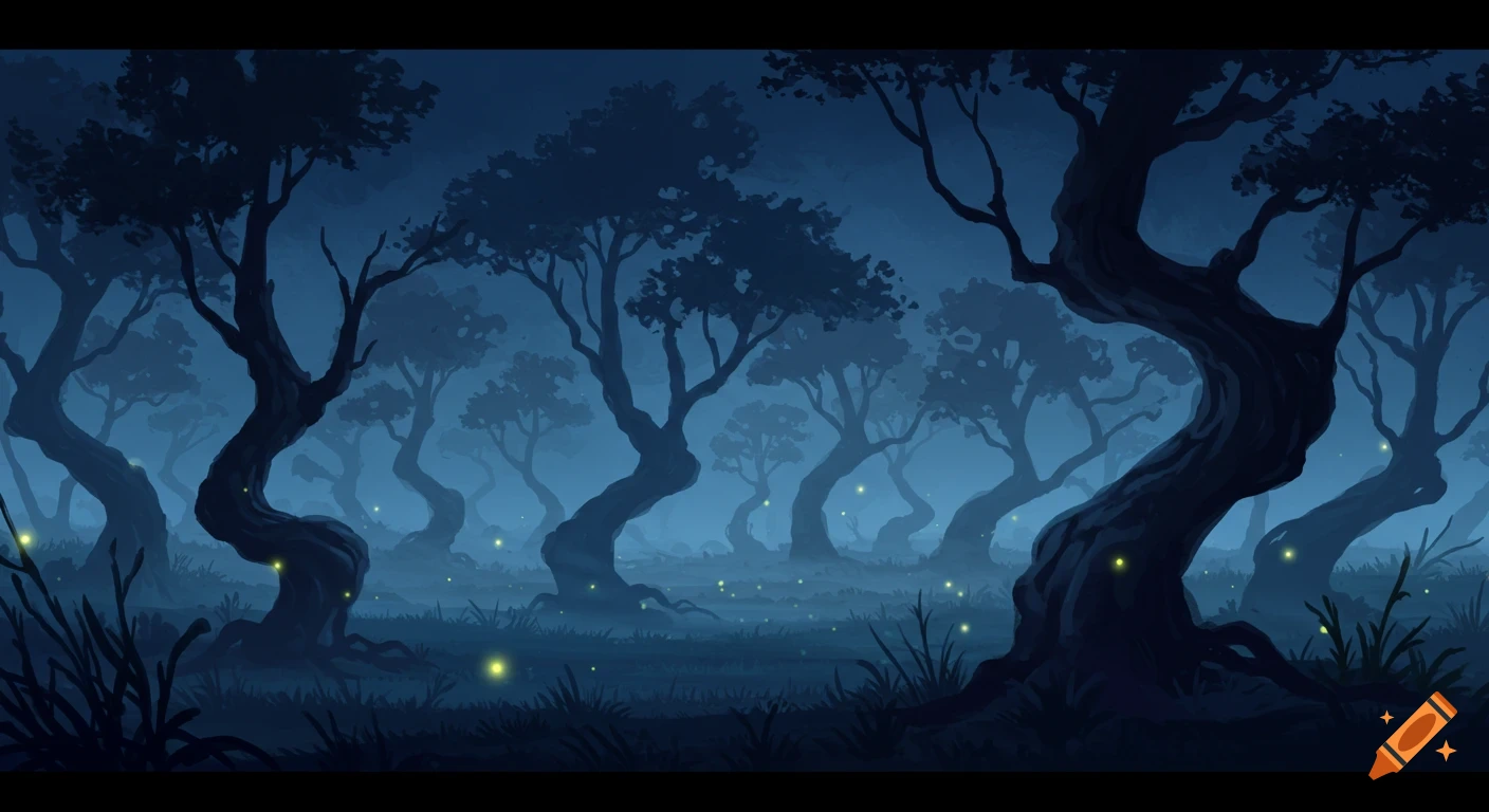 Stylized dark, misty forest at night with silhouetted twisted trees and glowing fireflies scattered on the ground.