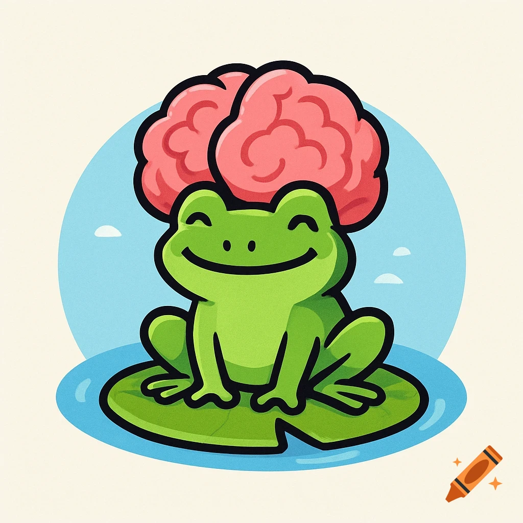 A cute cartoon frog with a large pink brain on its head sits on a green lily pad in water.