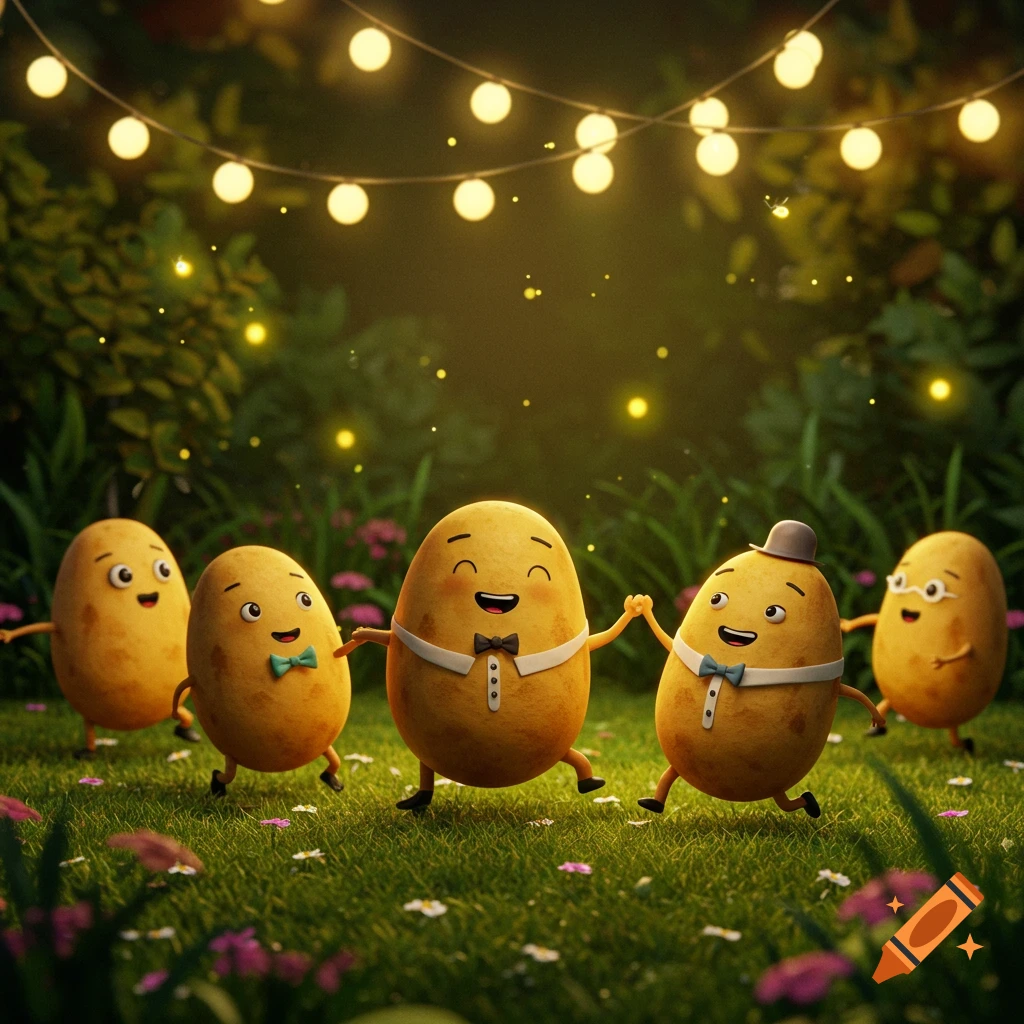 Five smiling, anthropomorphic potatoes with bow ties and a hat dance in a magical garden under glowing string lights.