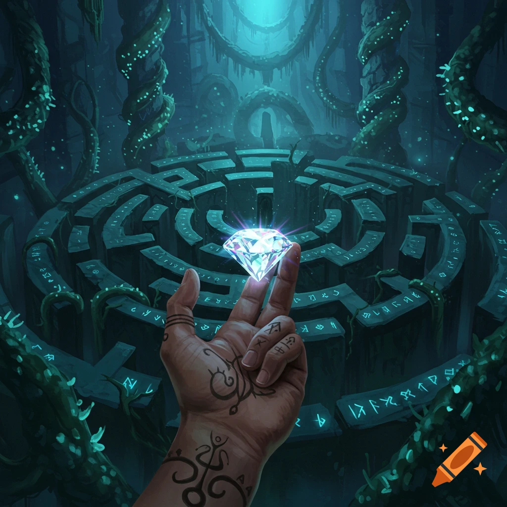 A tattooed hand holds a sparkling diamond over a circular stone labyrinth adorned with glowing runes and vines in a dark fantasy cave.