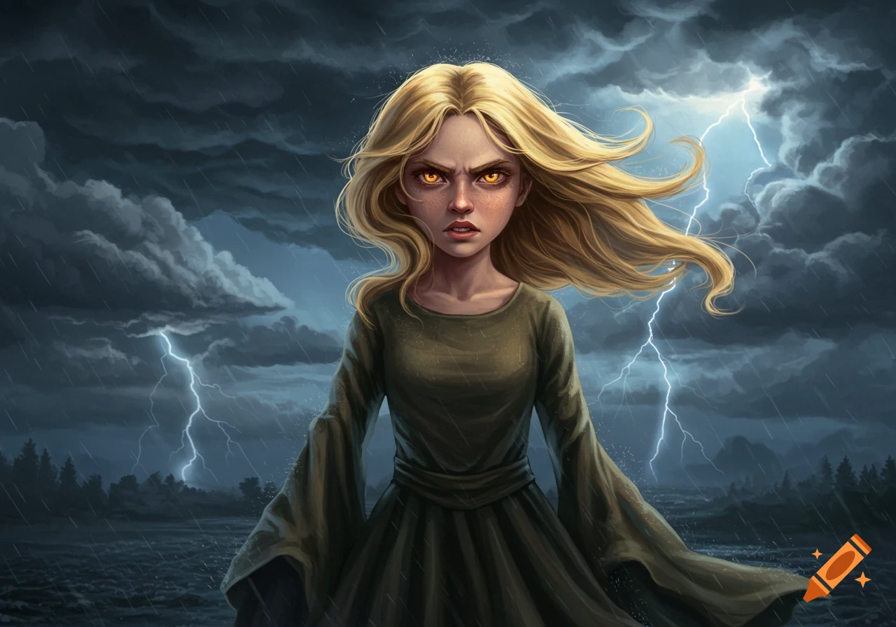Digital painting of an angry blonde girl with glowing orange eyes, in a stormy scene with lightning and rain.