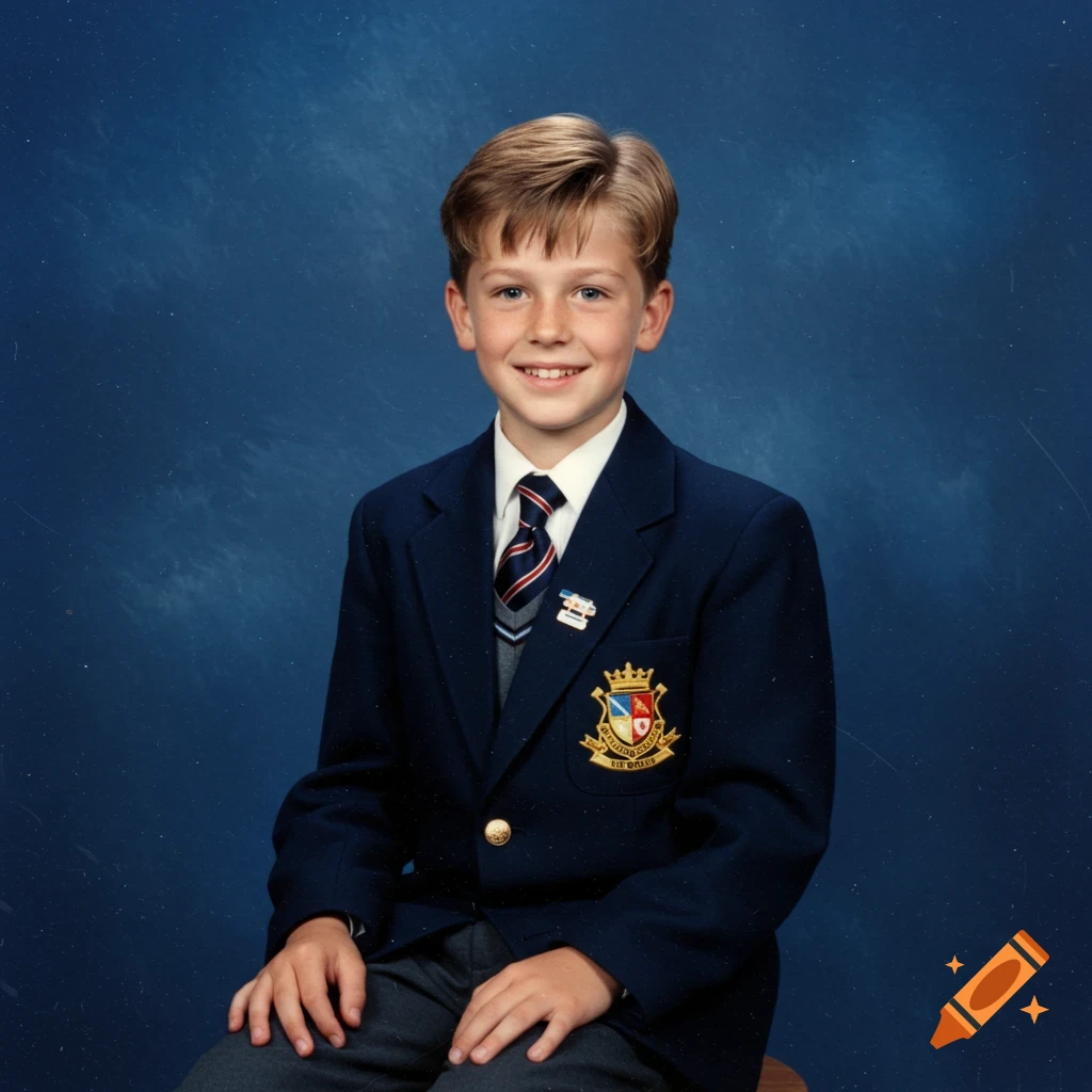 A smiling young boy in a navy blue school blazer, white shirt, and striped tie poses for a formal portrait against a blue background.