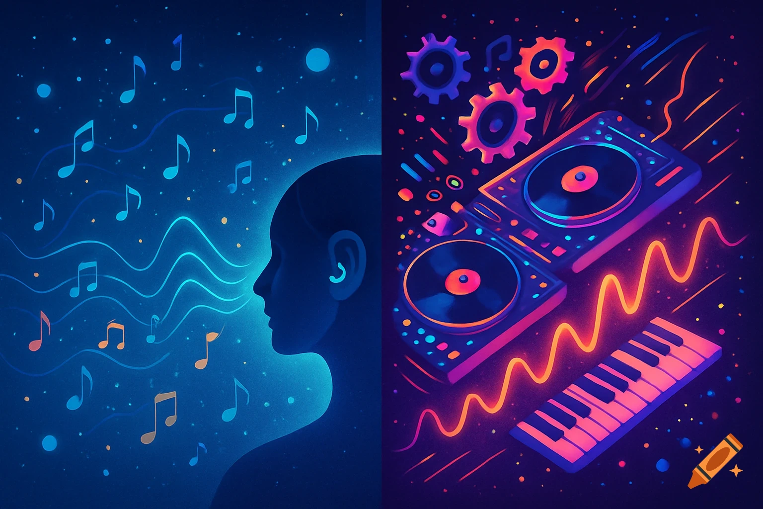 Abstract neon illustration split between a person's musical perception and DJ production equipment.