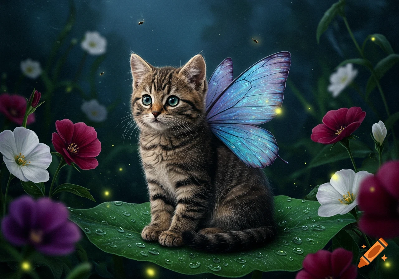 Realistic tabby kitten with blue butterfly wings sits on a dewy leaf in an enchanted night garden with glowing flowers and fireflies.