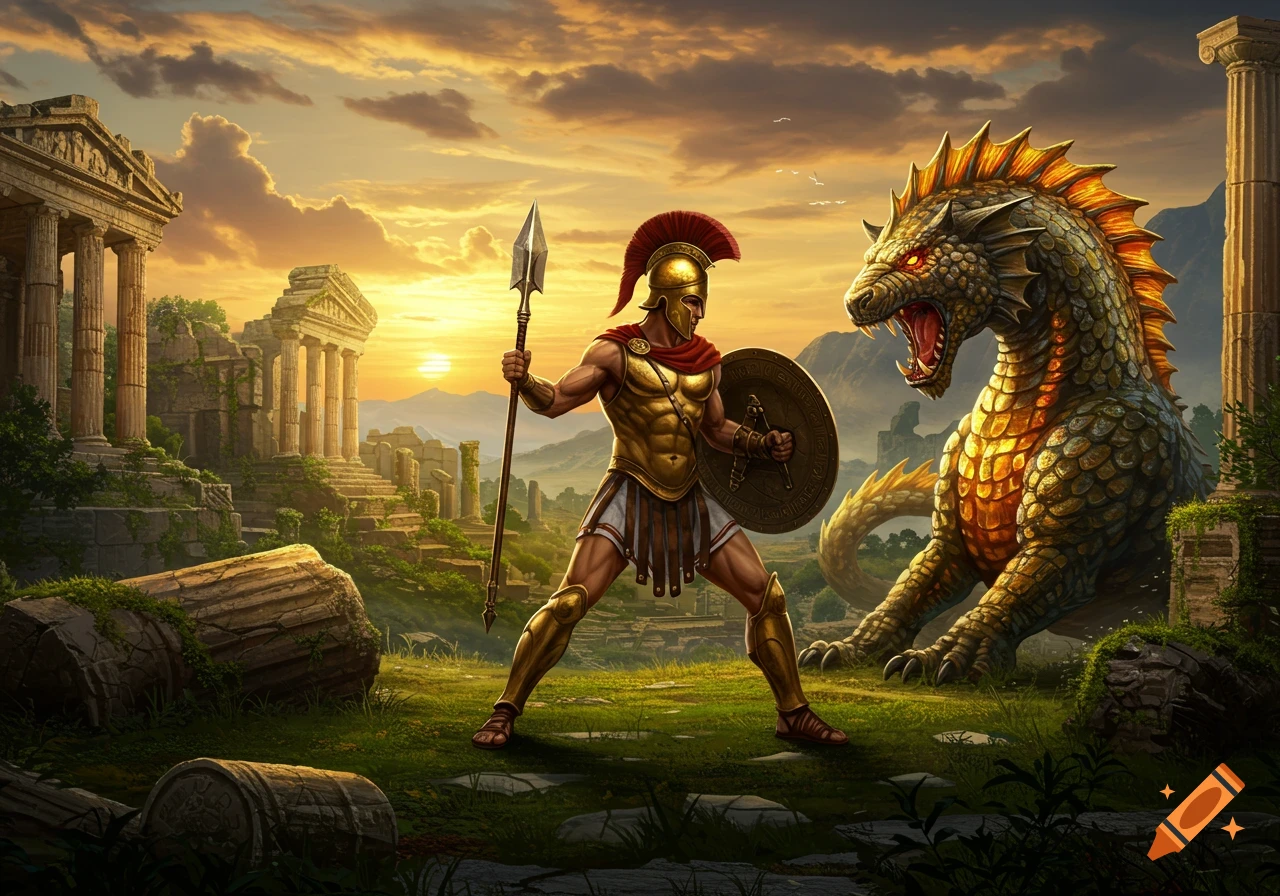 A Greek warrior with spear and shield confronts a roaring dragon-like beast amidst ancient ruins at sunset.