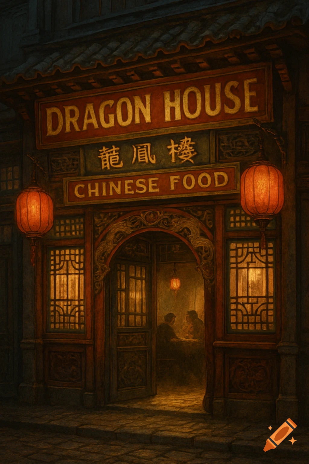 Vintage Chinese restaurant 'Dragon House' at night, with glowing red lanterns and warm light emanating from the arched entrance.