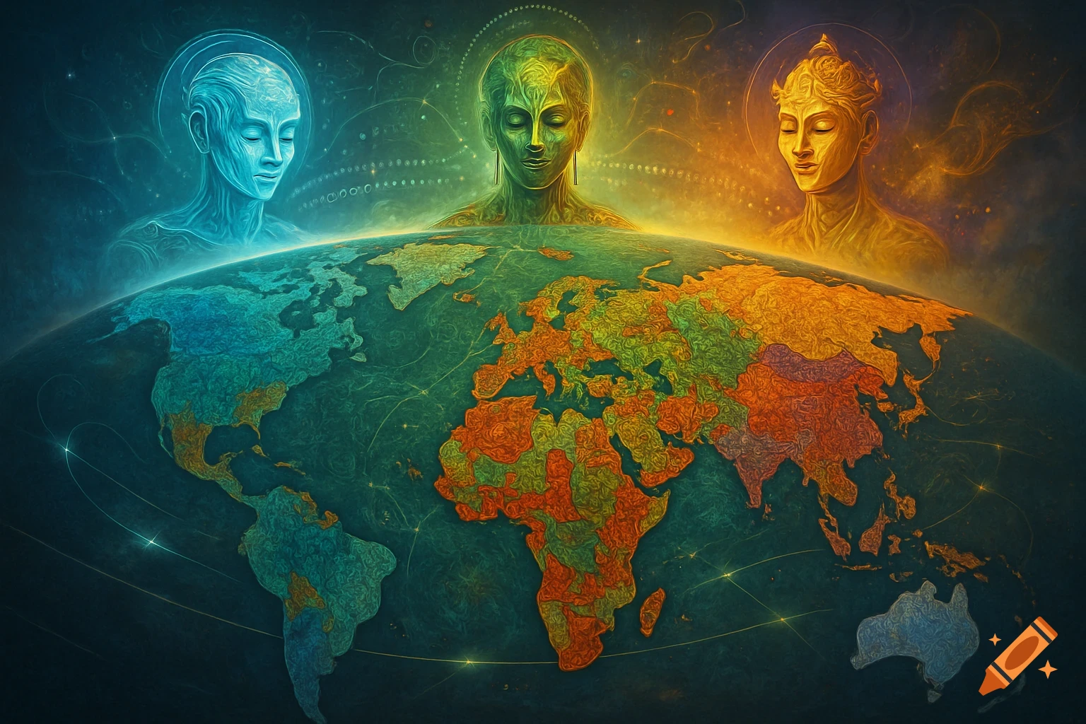 Three glowing, ethereal figures in blue, green, and gold float above a vibrantly textured world map, connected by glowing lines.