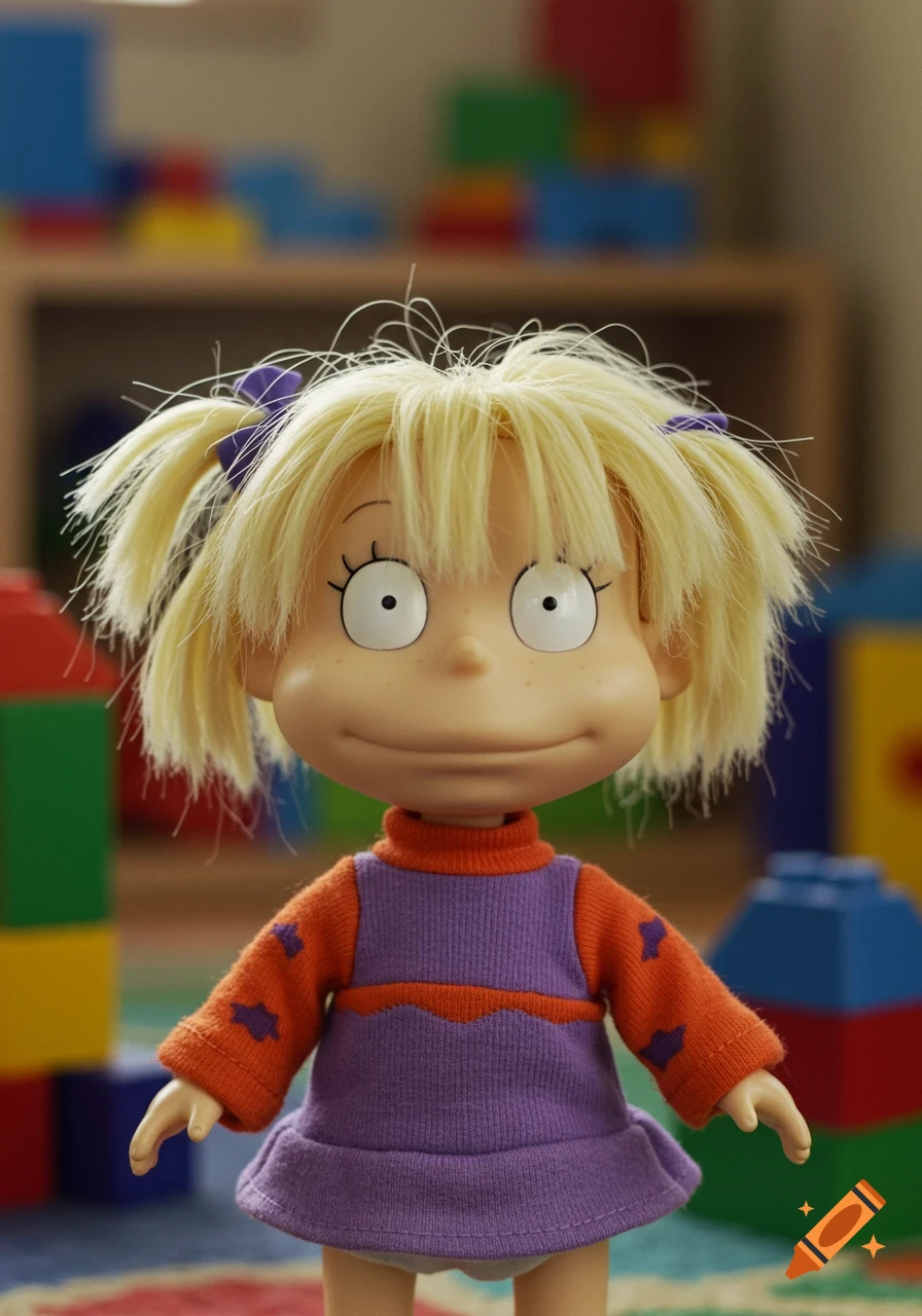 A blonde doll resembling Cynthia from Rugrats, wearing an orange and purple outfit, against blurred colorful building blocks.